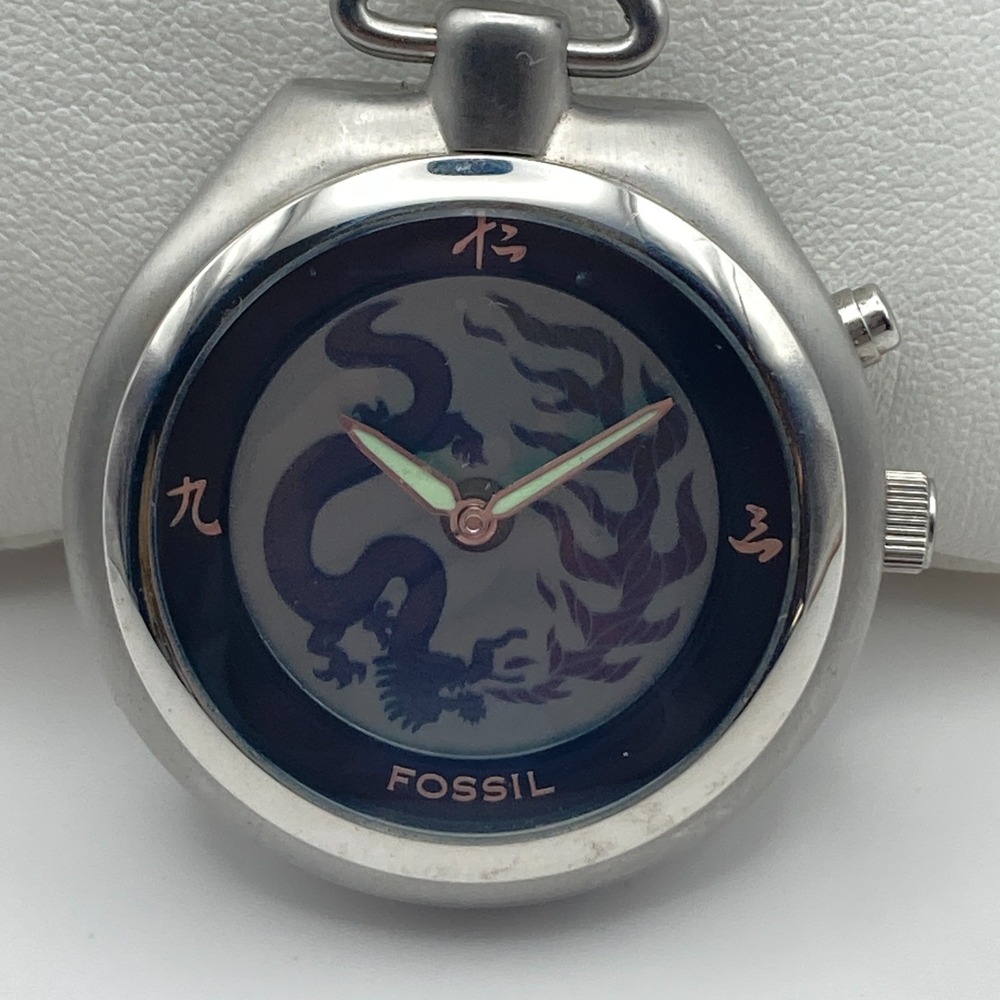 Fossil Big Tic Pocket Watch Dragon Kanji Silver Tone JR-8147 w/Case New Battery